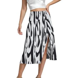 imageLYANER Womens Casual Boho Printed High Waist Side Split Hem Zipper Midi SkirtBlack on White