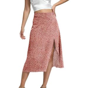 imageLYANER Womens Casual Boho Printed High Waist Side Split Hem Zipper Midi SkirtDarkpink