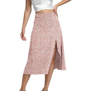 imageLYANER Womens Casual Boho Printed High Waist Side Split Hem Zipper Midi SkirtFloral Pink