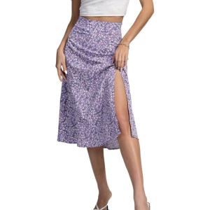 imageLYANER Womens Casual Boho Printed High Waist Side Split Hem Zipper Midi SkirtFloral Purple