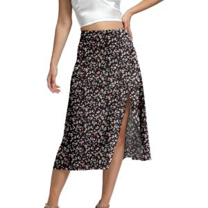 imageLYANER Womens Casual Boho Printed High Waist Side Split Hem Zipper Midi SkirtFlower Black