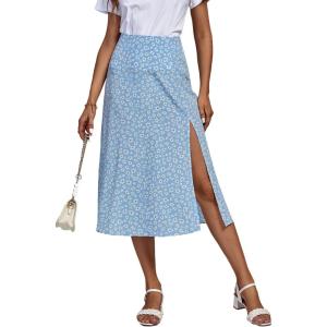 imageLYANER Womens Casual Boho Printed High Waist Side Split Hem Zipper Midi SkirtFlower Blue