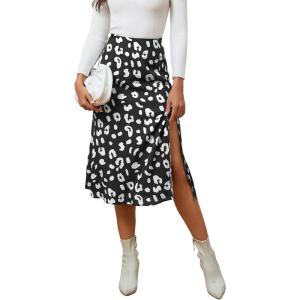 imageLYANER Womens Casual Boho Printed High Waist Side Split Hem Zipper Midi SkirtLeopard Black