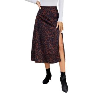imageLYANER Womens Casual Boho Printed High Waist Side Split Hem Zipper Midi SkirtLeopard Brown