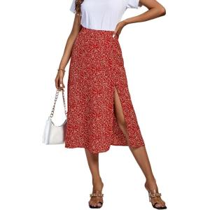 imageLYANER Womens Casual Boho Printed High Waist Side Split Hem Zipper Midi SkirtRed