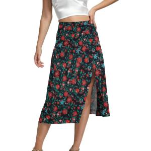 imageLYANER Womens Casual Boho Printed High Waist Side Split Hem Zipper Midi SkirtRed Flower on Black