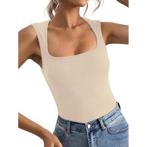imageLYANER Womens Casual Square Neck Sleeveless Ribbed Knit Solid Cami Tank TopBeige