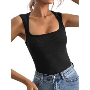 imageLYANER Womens Casual Square Neck Sleeveless Ribbed Knit Solid Cami Tank TopBlack