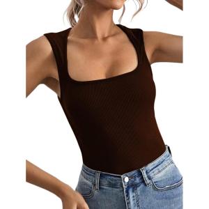 imageLYANER Womens Casual Square Neck Sleeveless Ribbed Knit Solid Cami Tank TopBrown