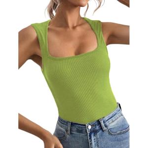 imageLYANER Womens Casual Square Neck Sleeveless Ribbed Knit Solid Cami Tank TopGrass Green
