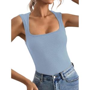 imageLYANER Womens Casual Square Neck Sleeveless Ribbed Knit Solid Cami Tank TopLight Blue