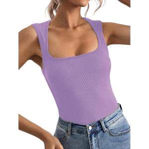 imageLYANER Womens Casual Square Neck Sleeveless Ribbed Knit Solid Cami Tank TopLight Purple
