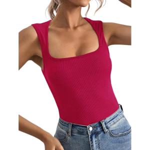 imageLYANER Womens Casual Square Neck Sleeveless Ribbed Knit Solid Cami Tank TopRose