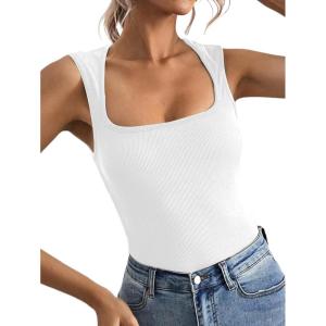 imageLYANER Womens Casual Square Neck Sleeveless Ribbed Knit Solid Cami Tank TopWhite