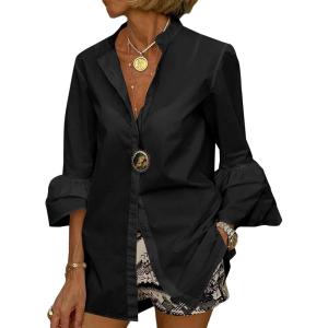 imageLYANER Womens Flare Long Sleeve Stand Collar Button Down Blouse Shirt TopSolid Black