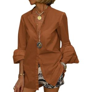 imageLYANER Womens Flare Long Sleeve Stand Collar Button Down Blouse Shirt TopSolid Caramel