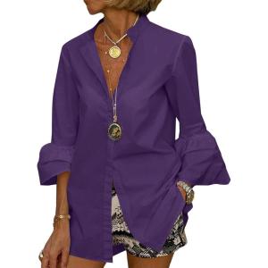 imageLYANER Womens Flare Long Sleeve Stand Collar Button Down Blouse Shirt TopSolid Pruple
