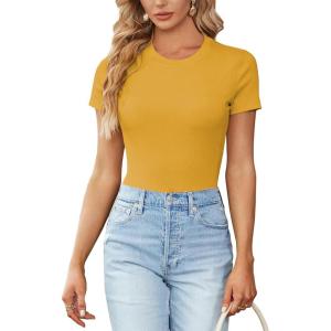imageLYANER Womens Ribbed Knit Round Neck Short Sleeve Slim Fit Basic TShirt Tee TopGinger