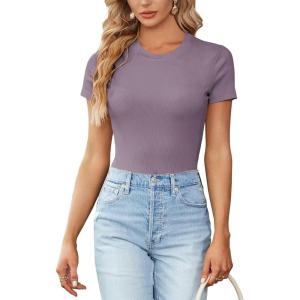imageLYANER Womens Ribbed Knit Round Neck Short Sleeve Slim Fit Basic TShirt Tee TopPurple