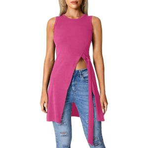 imageLYANER Womens Round Neck Side Split Asymmetrical Hem Sleeveless Longline Tank Top BlouseRose