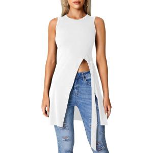 imageLYANER Womens Round Neck Side Split Asymmetrical Hem Sleeveless Longline Tank Top BlouseWhite
