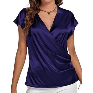 imageLYANER Womens Satin Silk Wrap V Neck Cap Sleeve Elegant Workwear Blouse Shirt TopDark Purple