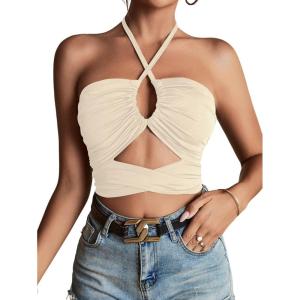 imageLYANER Womens Sexy Halter Ruched Criss Cross Cut Out Sleeveless Tie Back Cami Crop TopsBeige