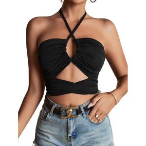 imageLYANER Womens Sexy Halter Ruched Criss Cross Cut Out Sleeveless Tie Back Cami Crop TopsBlack