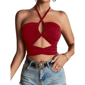 imageLYANER Womens Sexy Halter Ruched Criss Cross Cut Out Sleeveless Tie Back Cami Crop TopsBurgundy
