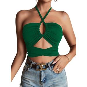 imageLYANER Womens Sexy Halter Ruched Criss Cross Cut Out Sleeveless Tie Back Cami Crop TopsDark Green