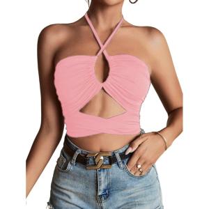 imageLYANER Womens Sexy Halter Ruched Criss Cross Cut Out Sleeveless Tie Back Cami Crop TopsLight Pink