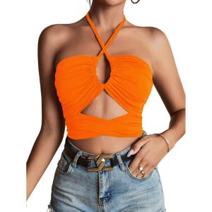 imageLYANER Womens Sexy Halter Ruched Criss Cross Cut Out Sleeveless Tie Back Cami Crop TopsOrange