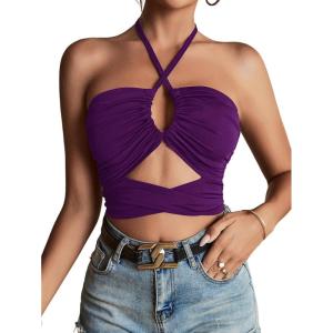 imageLYANER Womens Sexy Halter Ruched Criss Cross Cut Out Sleeveless Tie Back Cami Crop TopsPurple