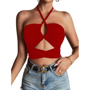 imageLYANER Womens Sexy Halter Ruched Criss Cross Cut Out Sleeveless Tie Back Cami Crop TopsRed