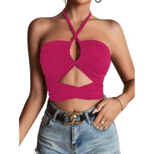 imageLYANER Womens Sexy Halter Ruched Criss Cross Cut Out Sleeveless Tie Back Cami Crop TopsRose