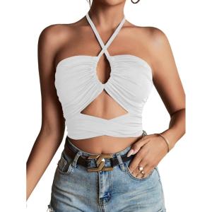 imageLYANER Womens Sexy Halter Ruched Criss Cross Cut Out Sleeveless Tie Back Cami Crop TopsWhite