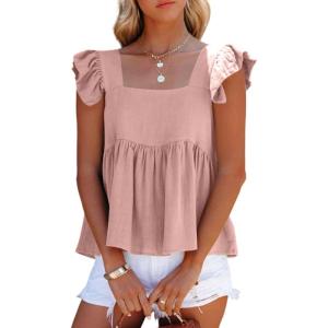 imageLYANER Womens Summer Peplum Blouse Square Neck Ruffle Strap Sleeveless and Backless with Button Babydoll Tank TopPink