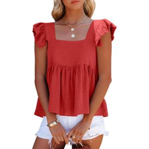 imageLYANER Womens Summer Peplum Blouse Square Neck Ruffle Strap Sleeveless and Backless with Button Babydoll Tank TopRed