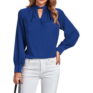 imageLYANER Womens Twist Hollow Out Front Mock Neck Keyhole Back Long Sleeve Office Blouse Shirt TopRoyal Blue