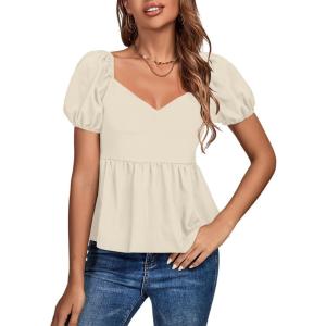 imageLYANER Womens V Neck Ruffle Hem Shirred Back Puff Short Sleeve Peplum Top BlouseBeige