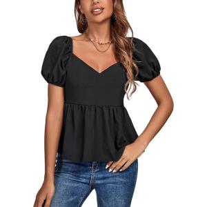 imageLYANER Womens V Neck Ruffle Hem Shirred Back Puff Short Sleeve Peplum Top BlouseBlack