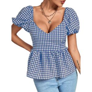 imageLYANER Womens V Neck Ruffle Hem Shirred Back Puff Short Sleeve Peplum Top BlouseBlue White