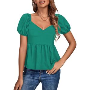 imageLYANER Womens V Neck Ruffle Hem Shirred Back Puff Short Sleeve Peplum Top BlouseGreen