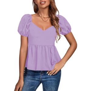 imageLYANER Womens V Neck Ruffle Hem Shirred Back Puff Short Sleeve Peplum Top BlouseLight Purple