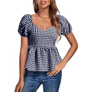 imageLYANER Womens V Neck Ruffle Hem Shirred Back Puff Short Sleeve Peplum Top BlouseNavy Blue