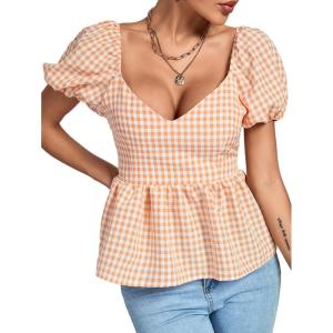 imageLYANER Womens V Neck Ruffle Hem Shirred Back Puff Short Sleeve Peplum Top BlouseOrange Plaid