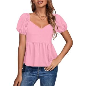 imageLYANER Womens V Neck Ruffle Hem Shirred Back Puff Short Sleeve Peplum Top BlousePink