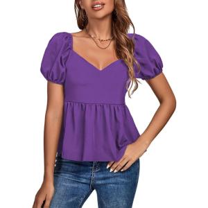 imageLYANER Womens V Neck Ruffle Hem Shirred Back Puff Short Sleeve Peplum Top BlousePurple