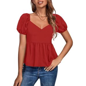 imageLYANER Womens V Neck Ruffle Hem Shirred Back Puff Short Sleeve Peplum Top BlouseRed