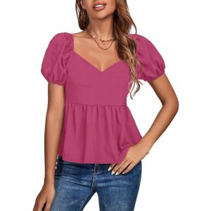 imageLYANER Womens V Neck Ruffle Hem Shirred Back Puff Short Sleeve Peplum Top BlouseRose